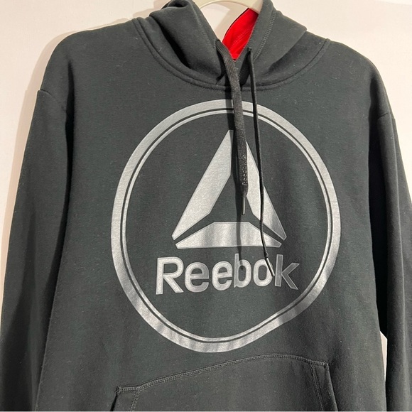 Reebok Long Sleeve Fleece Lined Hoodie Size L Black logo Pockets Soft Drawstring - Picture 4 of 10